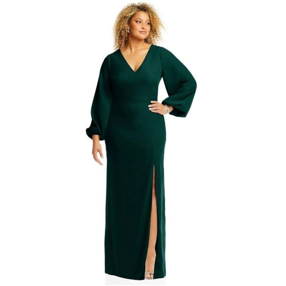 Dessy Formal Evergreen Stretch Crepe Long Sleeve Dress with slit